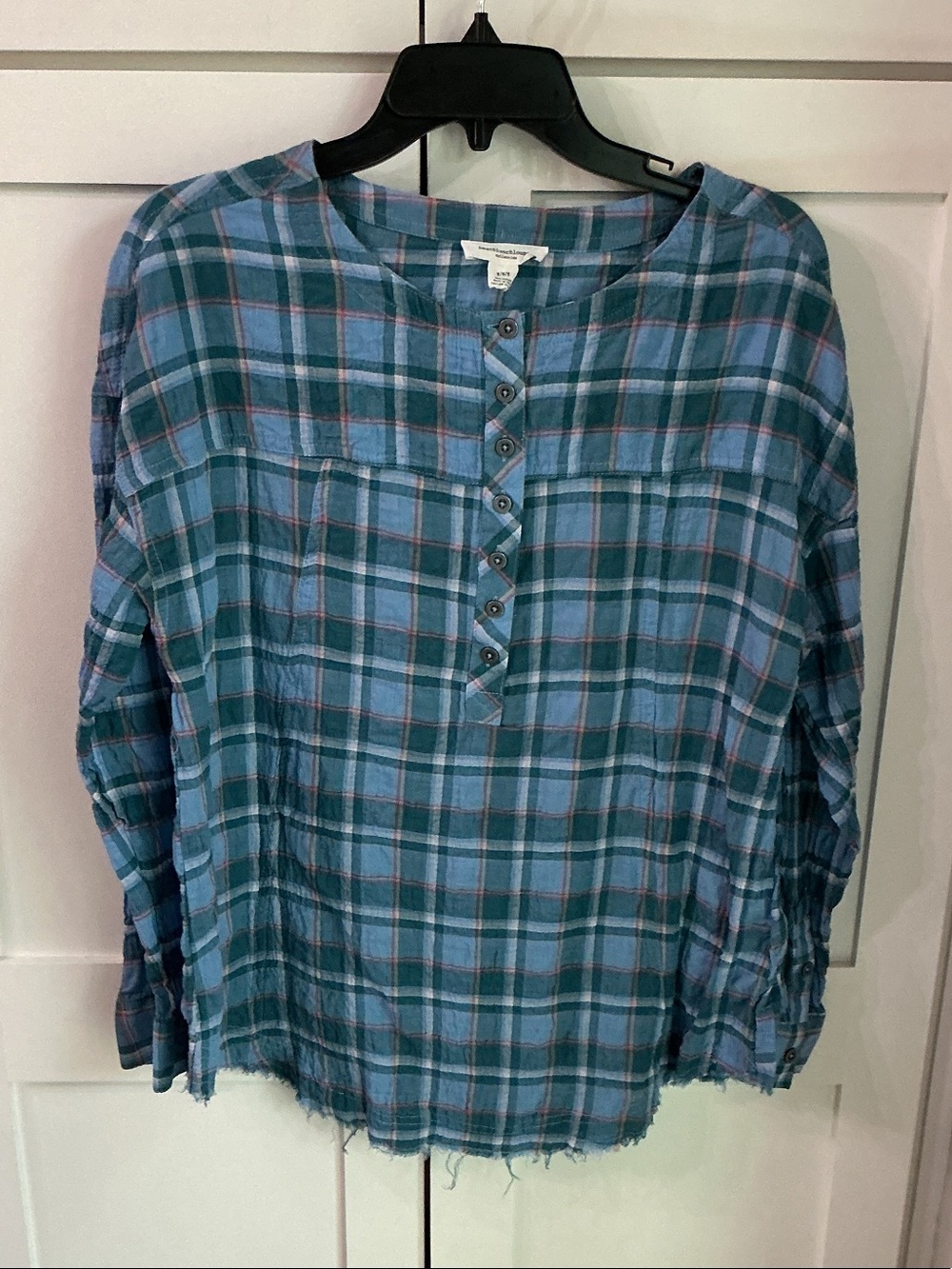 beachlunchlounge Teal and Light Blue Plaid Button Front Top
